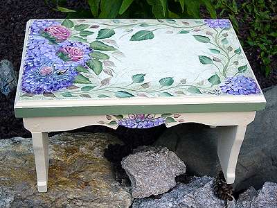 Hand painted step stool with roses and hydrangeas front view