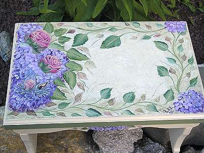 Hand painted step stool with roses and hydrangeas