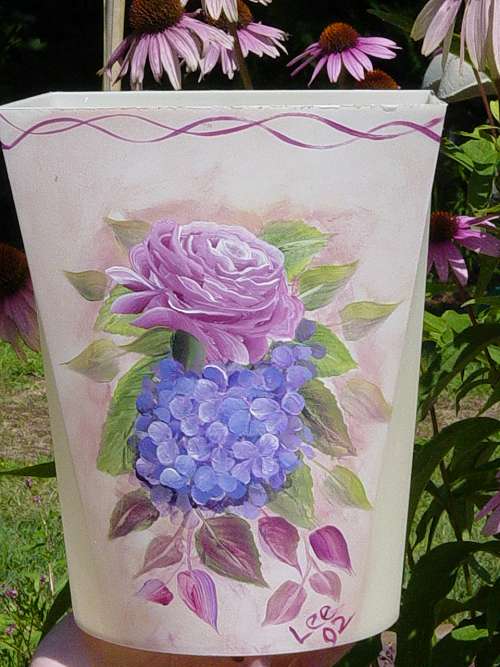 Hand Painted Waste Basket with a rose and hydrangea